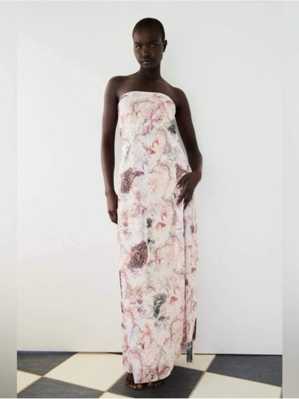 Zara Strapless Marble-Print Maxi Dress in Blush and Cream